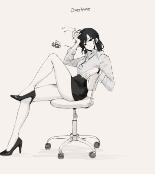 1girl bare_legs breasts chair closed_mouth collared_shirt commentary english_commentary english_text feint721 feint721_(person) from_side genderswap genderswap_(mtf) grey_background greyscale high_heels highres holding holding_removed_eyewear id_card knee_up lanyard leg_up legs looking_at_viewer medium_breasts medium_hair monochrome office_chair office_lady on_chair original pencil_skirt self-portrait shirt shirt_tucked_in simple_background sitting skirt solo squiggle swivel_chair thighs unworn_eyewear watch wristwatch