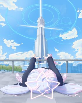 1girl absurdres ahoge artist_name blue_archive blue_hair blue_sky building cityscape cloud commentary english_commentary halo highres lying multicolored_hair on_back on_floor outdoors outstretched_arms phallic_symbol phantom.awa photo-referenced pink_hair pink_halo pink_shoes railing reisa_(blue_archive) reisa_at_the_washington_monument ring_of_light_(blue_archive) sexually_suggestive shoes sky skyscraper solo star_halo tower tree twintails twitter_username two-tone_hair