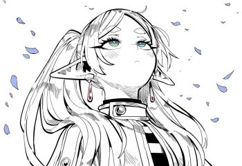 1girl commentary english_commentary eyelashes frieren frown green_eyes greyscale hatching_(texture) kunitoro_(artist) long_hair looking_up meme monochrome pointy_ears portrait profile shirt solo sousou_no_frieren spot_color striped_clothes striped_shirt twintails upward_angle_frieren_drawing_(meme)