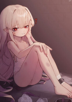 1girl bandaged_leg bandages barefoot blonde_hair blood blood_from_mouth bruise bruised_eye collarbone condom crying crying_with_eyes_open female_focus fingernails grin half-closed_eyes heart heart-shaped_pupils highres injury legs_together loli long_hair looking_at_viewer multiple_condoms nosebleed on_floor original panties pointy_ears red_eyes ryona sitting smile solo suitshark symbol-shaped_pupils tank_top tears toenails toes underwear underwear_only used_condom used_tissue very_long_hair white_panties white_tank_top