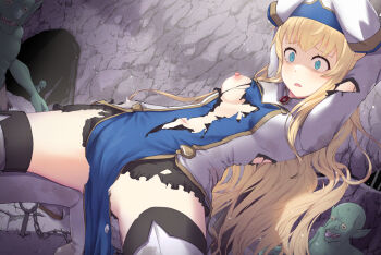 1girl :o black_boots blonde_hair blue_eyes boots breasts cave chain colored_skin dress goblin goblin_slayer! green_skin grey_boots hat imminent_rape indoors long_hair long_sleeves nipples no_panties okina_(805197) open_mouth priestess_(goblin_slayer!) small_breasts solo_focus squatting torn_clothes torn_dress