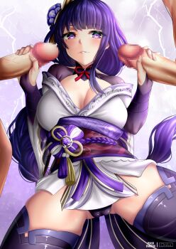 1girl 2boys artist_name braid breasts bridal_gauntlets cameltoe censored commentary_request cowboy_shot double_handjob erection fanbox_username genshin_impact group_sex hair_ornament handjob hetero highres japanese_clothes kimono large_breasts long_hair looking_at_viewer low-braided_long_hair low-tied_long_hair mmf_threesome mosaic_censoring multiple_boys obi oniilus paid_reward_available panties parted_lips penis purple_background purple_eyes purple_hair purple_kimono purple_panties purple_sash purple_shrug purple_thighhighs raiden_shogun sash short_kimono shrug_(clothing) solo_focus thighhighs threesome underwear very_long_hair