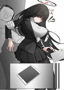 Rule 34 | !?, 1boy, 1girl, black jacket, black nails, black pantyhose, black skirt, blue archive, blunt bangs, breasts, commentary request, doodle sensei (blue archive), grabbing another's arm, halo, highres, huge breasts, id card, jacket, lapels, long hair, looking back, mizikayo, nail polish, notched lapels, pantyhose, parted lips, pleated skirt, red eyes, ribbed sweater, ringed eyes, rio (blue archive), sensei (blue archive), shirt, skirt, standing, sweater, tablet pc, turtleneck, turtleneck sweater, very long hair, watch, white sweater, wristwatch