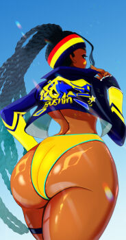 1girl absurdres alternate_costume artist_request ass ass_focus back beach bikini bikini_bottom_only bikini_under_clothes black_hair blue_sky braid dark-skinned_female dark_skin dreadlocks highleg highleg_bikini highres huge_ass jacket kimberly_jackson long_hair looking_at_viewer looking_back multicolored_headband official_alternate_costume open_clothes open_jacket shiny_skin skindentation sky standing street_fighter street_fighter_6 swimsuit thong thong_bikini wedgie wide_hips