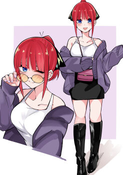 1girl :d ;) absurdres alternate_costume alternate_hairstyle bag bare_shoulders black_boots black_skirt blue_eyes blush boots butterfly_hair_ornament cardigan casual collarbone commentary_request cropped_torso eyebrows_hidden_by_hair eyelashes full_body go-toubun_no_hanayome hair_ornament hand_up handbag happy highres knee_boots long_sleeves looking_at_viewer mame1645 medium_hair miniskirt multiple_views nail_polish nakano_nino one_eye_closed open_cardigan open_clothes open_mouth orange-tinted_eyewear pencil_skirt pink_bag pink_nails ponytail purple_background purple_cardigan red_hair round_eyewear shirt simple_background skirt sleeveless sleeveless_shirt sleeves_past_wrists smile straight_hair sunglasses tinted_eyewear two-tone_background white_background white_shirt