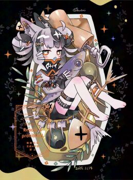 1girl barefoot black_border black_hair black_shorts blue_tongue blunt_bangs blush border brown_background colored_tongue commentary dated double_bun fang fish fish_skeleton_hair_ornament full_body grey_hair grey_shirt hair_bun long_sleeves looking_at_viewer mochimura_sorata multicolored_hair multiple_thigh_straps olive open_mouth orange_eyes original outside_border shirt short_hair short_shorts shorts signature sleeves_past_wrists solo sparkle symbol-only_commentary symbol-shaped_pupils thigh_strap two-tone_hair watermark x-shaped_pupils