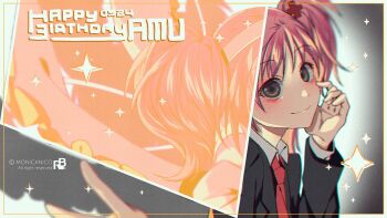 Rule 34 | 1girl, amulet dia, artist name, black jacket, blazer, character name, closed mouth, coattails, collared jacket, collared shirt, copyright notice, diamond (shape), english text, eyelashes, floating clothes, frilled shirt, frills, hair ornament, hairband, hand on own cheek, hand on own face, happy birthday, hinamori amu, idolmaster, jacket, lapels, layered sleeves, light blush, long hair, long sleeves, looking at viewer, magical girl, monicanc, necktie, notched lapels, one side up, outstretched hand, pink hair, red necktie, revealing layer, school uniform, seiyo academy school uniform, shadow, shirt, shugo chara!, smile, solo, sparkle, twintails, upper body, v, vignetting, white background, white hairband, white shirt, x hair ornament, yellow eyes