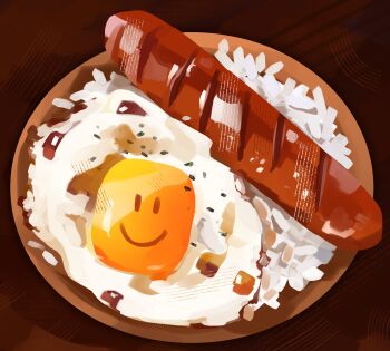 absurdres character-themed_food commentary english_commentary food food_focus fried_egg from_above highres himochuu no_humans painterly rice roblox sausage smiley_face