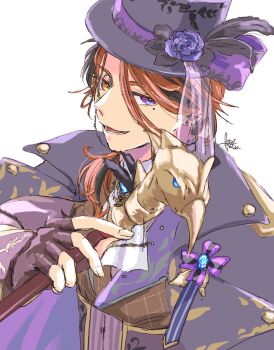 Rule 34 | 1boy, aristocratic clothes, black feathers, black hair, black streaks, buttons, cane, coat, coat on shoulders, corset, feathers, fingerless gloves, flower, gloves, gold buttons, hat, hat feather, hat flower, hat ribbon, heterochromia, highres, holding, holding cane, holostars, k no846, low ponytail, male focus, medium hair, mole, mole under eye, monocle, multicolored hair, official alternate costume, open mouth, orange eyes, orange hair, ponytail, purple eyes, purple flower, purple ribbon, purple rose, ribbon, rose, simple background, solo, streaked hair, top hat, upper body, virtual youtuber, white background, yukoku roberu, yukoku roberu (7th costume)