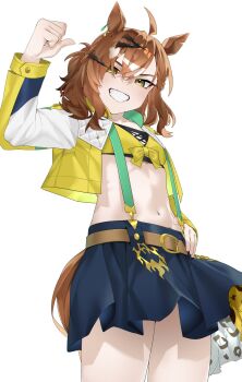 1girl ahoge animal_ears arril100 bandeau belt blue_skirt blush braid breasts brown_belt brown_hair commentary_request grin hair_between_eyes hair_ornament hairclip half_up_braid half_up_half_down_braid highres horse_ears horse_girl horse_tail jacket jewelry jungle_pocket_(champion's_battle_cry)_(umamusume) jungle_pocket_(umamusume) long_sleeves looking_at_viewer medium_hair midriff navel notched_ear open_mouth simple_background skirt small_breasts smile solo suspender_skirt suspenders tail teeth umamusume white_background yellow_bandeau yellow_eyes yellow_jacket