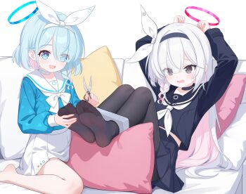 2girls :d absurdres arms_up arona_(blue_archive) black_choker black_eyes black_hairband black_pantyhose black_sailor_collar black_serafuku black_shirt black_skirt blue_archive blue_eyes blue_hair blue_halo blue_pupils blue_shirt bow braid chinese_commentary choker colored_inner_hair commentary_request couch eugenecolin eyes_visible_through_hair feet foot_focus foreshortening hair_bow hair_over_one_eye hairband halo highres holding holding_scissors large_variant_set long_hair long_sleeves medium_hair miniskirt multicolored_hair multiple_girls neckerchief no_shoes on_couch open_mouth pantyhose pink_hair plana_(blue_archive) pleated_skirt puffy_long_sleeves puffy_sleeves red_halo red_pupils sailor_collar sailor_shirt school_uniform scissors serafuku shirt side_braid single_braid skirt smile soles toes two-tone_hair variant_set white_bow white_choker white_hair white_hairband white_neckerchief white_sailor_collar white_skirt