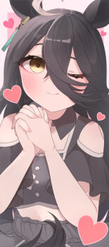 1girl absurdres ahoge animal_ears black_hair black_shirt blush closed_mouth clothing_cutout commentary_request cropped_shirt ear_tag earrings grey_skirt hair_between_eyes heart highres horse_ears horse_girl interlocked_fingers jewelry kurumiya_(krmy_p) long_bangs long_hair long_hair_between_eyes looking_at_viewer manhattan_cafe_(umamusume) meni_shuki_rush-sshu! midriff multicolored_hair one_eye_closed overskirt own_hands_clasped own_hands_together shirt shoulder_cutout single_earring skirt smile solo umamusume very_long_hair white_hair yellow_eyes