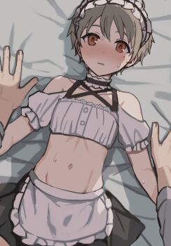 Rule 34 | 2boys, apron, bare shoulders, black choker, black skirt, blonde hair, blush, brothers, choker, collarbone, commentary request, cowboy shot, crop top, crossdressing, crossdressing (mtf), dot nose, embarrassed, frilled apron, frilled choker, frilled shirt, frills, highres, implied yaoi, indoors, long sleeves, looking at viewer, lying, maid, maid apron, maid headdress, male focus, midriff, mole, mole under eye, multiple boys, navel, off-shoulder shirt, off shoulder, on back, on bed, original, parted lips, pov, pov hands, red eyes, shirt, short hair, short sleeves, siblings, skirt, solo focus, sunaba (nczd5875), sweat, trap, unconventional maid, wavy mouth, white apron, white headdress, white shirt