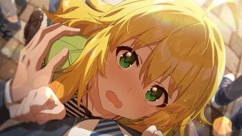 ahoge blonde_hair blush from_above game_cg green_eyes hoshii_miki idolmaster idolmaster_million_live! idolmaster_million_live!_theater_days necktie official_art open_mouth pov