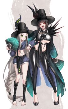 2girls :d barefoot behemoth_(nikke) black_hair black_hanbok black_horns black_lips black_liquid black_pants black_shoes blue_hanbok blue_shorts blunt_bangs breasts commentary_request crop_top ear_piercing flats full_body gat_(hat) gatkkeun goddess_of_victory:_nikke green_eyes grey_hair grin hanbok hand_fan hand_on_own_hip hat highres holding holding_fan horns jeogori_(clothes) korean_clothes korean_commentary korean_traditional_hat large_breasts leather leather_pants leviathan_(nikke) long_hair long_sleeves looking_at_viewer m/ midriff multiple_girls navel open_mouth pants parted_bangs piercing pointy_ears pubic_tattoo red_eyes sharp_teeth shoes short_shorts shorts shoulder_spikes sidelocks small_breasts smile spikes standing stomach tattoo teeth tight_clothes tight_pants tongue tongue_out trhisell underboob upper_teeth_only