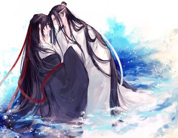 Rule 34 | 2boys, aki uzuzame, bishounen, black hair, black hanfu, chinese clothes, closed eyes, closed mouth, commentary request, couple, eye contact, face-to-face, from side, hair down, hair ribbon, half updo, hand on another's chin, hand on another's face, hanfu, headband, highres, lan wangji, light particles, long hair, long sleeves, looking at another, male focus, modao zushi, multiple boys, off shoulder, official alternate hairstyle, ponytail, profile, red ribbon, ribbon, robe, sidelocks, sitting, sleeves past wrists, smile, topknot, twitter username, very long hair, wading, water, watermark, wei wuxian, wei wuxian (yiling laozu), white hanfu, white headband, wide sleeves, xiao guan (headdress), yaoi