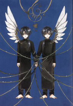 2boys a_(clover) absurdres angel_wings barefoot black_eyes black_hair blue_background bound bound_together brothers chinese_clothes clamp closed_mouth clover_(manga) expressionless highres holding_hands long_hair long_sleeves looking_at_viewer low_ponytail male_focus mechanical_wings multiple_boys official_art parted_bangs ponytail ran_(clover) ribbon scan siblings single_wing symmetrical_pose twins white_wings wings