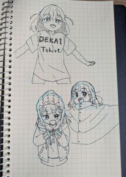 2girls :d alternate_costume beanie braid center-flap_bangs clothes_writing commentary_request cropped_legs earflap_beanie greyscale grid_background hair_ornament hat highres hinoshita_kaho hood hoodie jacket kachimachi_kosuzu link!_like!_love_live! long_hair long_sleeves love_live! massigura medium_hair monochrome multiple_girls multiple_views open_clothes open_jacket open_mouth oversized_clothes oversized_shirt pen_(medium) poncho rabbit_hair_ornament shirt short_eyebrows short_sleeves side_braids sketchbook smile t-shirt traditional_media two_side_up virtual_youtuber