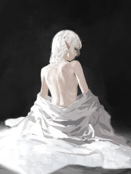 1girl alternate_hairstyle back black_background breasts commentary elf frieren from_behind green_eyes highres long_hair looking_at_viewer looking_back median_furrow nude pointy_ears raberu_ruru shoulder_blades small_breasts solo sousou_no_frieren white_hair