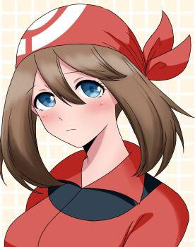 1girl bandana bike_shorts bike_shorts_under_shorts blue_eyes breasts brown_hair closed_mouth highres looking_at_viewer may_(pokemon) nintendo pokemon pokemon_rse red_shirt shirt short_hair shorts user_xkuk7887