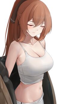 1girl absurdres bare_arms bare_shoulders blush breasts brown_hair casperrin cleavage closed_eyes closed_mouth collarbone commentary cowboy_shot crop_top english_commentary facing_viewer girls'_frontline hair_between_eyes hair_ribbon highres jacket large_breasts long_hair midriff navel off_shoulder open_clothes ponytail ribbon sidelocks simple_background sleeveless solo springfield_(girls'_frontline) stomach upper_body very_long_hair white_background
