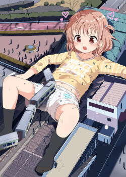 1girl 6+others absurdres black_socks blush building city destruction fuyuno_mikan giant giantess hedge highres loli long_sleeves looking_down lying multiple_others multiple_unit_train navel open_mouth original people pink_hair print_shirt print_shorts railroad_tracks red_eyes shirt short_shorts shorts socks spread_legs tareme train two_side_up white_shorts