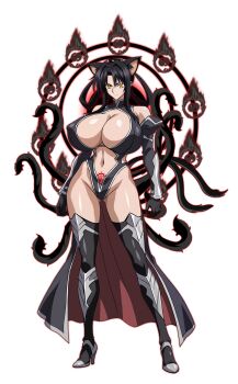 1girl animal_ears black_gloves black_hair breasts cat_ears cat_tail cleavage elbow_gloves full_body gloves hair_rings hairband high_school_dxd highres kuroka_(high_school_dxd) large_breasts multiple_tails nekomata pubic_tattoo slit_pupils smile solo stomach_tattoo tail tattoo yellow_eyes yxyyxy