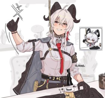 absurdres arm_pouch armband black_armband black_horns black_tail chest_harness curled_horns demon_tail harness high-waist_pants highres horns jacket jacket_on_shoulders necktie pants phoebe_(wuthering_waves) quilted_cape red_necktie rope shirt_tucked_in tail tight_clothes tight_pants wuthering_waves zani_(wuthering_waves) zanqi