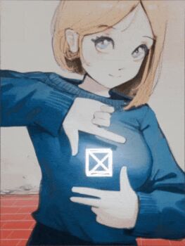 1girl animated animated_gif blonde_hair blue_eyes blue_sweater breasts brick_floor cube finger_frame gif_artifacts looking_at_viewer looping_animation medium_breasts medium_hair mixed_media notfuji original solo sweater upper_body wireframe