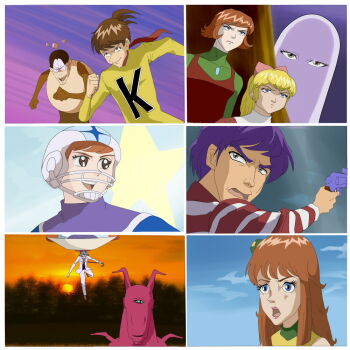 1970s_(style) 3girls 4boys alien anatomical_nonsense angry bad_anatomy barriquand blonde_hair blue_eyes brown_hair chargeman_ken! cloud forest ghost gun gundou_musashi hair_ornament handgun hoshi_(chargeman_ken!) izumi_caron izumi_ken izumi_saori jural knack long_hair looking_back miyuki_(chargeman_ken!) multiple_boys multiple_girls nature oldschool open_mouth outdoors parody ponytail professor_volga quality retro_artstyle revolver robot running shirt short_hair sky smile star_(symbol) striped_clothes striped_shirt sun the_jurals vehicle weapon what