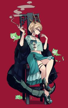 1girl antlers blonde_hair blue_shirt dragon_girl dragon_horns dragon_tail earrings full_body fur-tipped_tail glasses green_scales green_tail high_heels highres holding holding_smoking_pipe horns jewelry kicchou_yachie kiseru monster_girl multicolored_shoes multiple_rings necklace otter otter_spirit_(touhou) red_eyes ring round_eyewear scales shirt shoes short_hair skirt smoke smoking smoking_pipe solo square_neckline tail tami_(joemanyodw) touhou turtle_shell yellow_horns