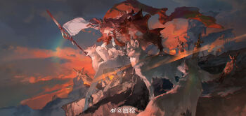 1girl absurdres animal armor boots breastplate chinese_commentary chromatic_aberration cloud cloudy_sky commentary_request dutch_angle earrings from_side hairband headgear highres jewelry long_hair lupa_(wuthering_waves) mei_ren metal_hairband outdoors pink_hair polearm red_sash sash sitting sky solo tacet_mark_(wuthering_waves) tail thigh_boots weapon white_boots wide_shot wolf wolf_tail wrist_guards wuthering_waves yellow_eyes