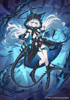 1girl animal_hood black_boots black_hoodie black_nails boots cat_hood closed_mouth commentary_request dragon_girl dragon_tail flat_chest highres hood hoodie long_hair looking_at_viewer nail_polish official_art solo tail thigh_strap wagashi928 white_eyes white_hair wixoss