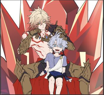 2boys abs aged_down antenna_hair arm_tattoo armlet armor armored_boots black_coat black_gloves black_pants black_shorts blonde_hair blue_eyes blush boots braid chest_tattoo clawed_gauntlets coat commentary_request crcrc1950 crystal earrings facial_tattoo fingerless_gloves gloves gold_earrings gold_necklace gradient_hair hadanugi_dousa hand_on_another&#039;s_head highres honkai:_star_rail honkai_(series) jewelry male_focus medium_hair multicolored_hair multiple_boys mydei_(honkai:_star_rail) necklace official_alternate_costume open_clothes open_coat open_kimono pants parted_bangs pauldrons phainon_(a_dream_scented_in_wheat)_(honkai:_star_rail) phainon_(honkai:_star_rail) purple_shirt red_hair shirt short_hair shorts shoulder_armor side_braid single_pauldron spread_legs tattoo toned toned_male unfinished white_hair yellow_eyes