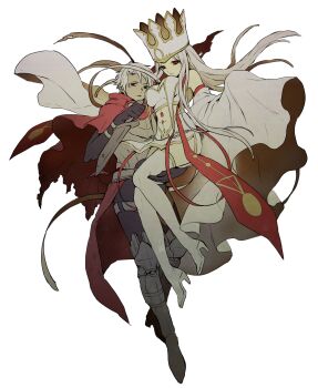 Rule 34 | 1boy, 1girl, absurdres, armor, armored boots, bandeau, bare shoulders, black gloves, black pants, boots, breast curtains, breastplate, breasts, cape, carrying, carrying person, closed mouth, commentary request, crossed legs, crown, curtained hair, dagger, detached sleeves, dress of heaven, elbow gloves, emiya kiritsugu, emiya kiritsugu (assassin), expressionless, fate/grand order, fate (series), flat color, full body, gloves, hetero, high heel boots, high heels, highres, holding, holding dagger, holding knife, holding weapon, hood, hood down, hooded cape, husband and wife, irisviel von einzbern, irisviel von einzbern (caster), knife, large breasts, long hair, long sidelocks, looking at viewer, navel, pants, parted lips, pelvic curtain, pointed crown, red cape, red eyes, short hair, side slit, sidelocks, siiqa vivi, simple background, sitting on arm, sitting on hand, standing, stomach, thigh boots, thighhighs, torn cape, torn clothes, very long hair, very long sleeves, very short hair, weapon, white background, white bandeau, white boots, white crown, white hair, white sleeves, wide sleeves, zettai ryouiki