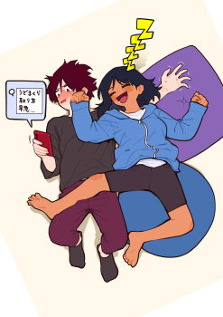 Rule 34 | 1boy, 1girl, absurdres, barefoot, black shirt, black shorts, black socks, blue jacket, blush, brown hair, clenched hand, commentary request, drooling, highres, holding, holding phone, jacket, kanke (kank06020602), lying, on back, original, pants, phone, pillow, red pants, shirt, shorts, socks, tan, text messaging, trembling, zzz