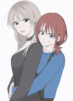 Rule 34 | 2girls, black choker, black hair, black sweater, blue eyes, blue shirt, brown hair, choker, commentary, girls band cry, grcr pometa1118, grey eyes, grey hair, highres, hug, hug from behind, iseri nina, kawaragi momoka, long hair, low twintails, multicolored hair, multiple girls, roots (hair), shirt, short hair, short twintails, simple background, sweater, symbol-only commentary, twintails, white background, yuri