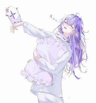 ... 1boy blue_hair closed_eyes hair_between_eyes highres hoshirube_sho hugging_object kokuto_(bsmilk) long_hair long_sleeves male_focus multicolored_hair nijisanji open_mouth otomo_(hoshirube_sho) pajamas pants pillow pillow_hug pulling_arm purple_hair saliva shirt simple_background sleep_mask sleepy solo trap two-tone_hair virtual_youtuber white_background white_pants white_shirt zzz