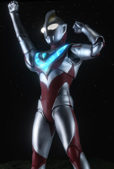 1boy absurdres alien armor arms_up black_sky breastplate clenched_hands color_timer colored_skin commentary compound_eyes cowboy_shot dorsal_fin figure_(medium) giant giant_male glowing glowing_armor glowing_eyes gold_trim highres looking_ahead love894anon male_focus multicolored_skin night no_pupils outdoors pectorals photo_(medium) red_skin sh_figuarts silver_skin sky solo standing star_(sky) starry_sky tokusatsu toned toned_male two-tone_skin ultra_series ultraman_gaia ultraman_gaia_(series) white_eyes wrinkled_skin