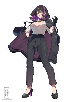 1girl belt black_choker black_coat black_gloves black_hair black_jacket black_pants black_shoes breasts bursting_breasts choker cleavage coat colored_inner_hair earrings full_body gloves hair_between_eyes hand_on_own_hip high-waist_pants high_heels highres jacket jacket_on_shoulders jesternalagon jewelry large_breasts looking_at_viewer medium_hair multicolored_hair necktie open_mouth original pants purple_hair shirt shirt_tucked_in shoes simple_background sleeves_rolled_up solo standing streaked_hair triangle_mouth white_background white_shirt yellow_eyes