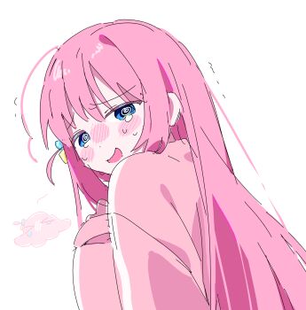 Rule 34 | > <, 1girl, 89 (8989 99), @ @, ahoge, blue eyes, blush, blush stickers, bocchi the rock!, cube hair ornament, fetal position, from behind, gotoh hitori, gotoh hitori (octopus), hair ornament, highres, jacket, long hair, long sleeves, looking at viewer, looking back, one side up, open mouth, pink hair, pink jacket, sidelocks, simple background, smile, solo, sweatdrop, tearing up, tears, track jacket, trembling, wavy mouth, white background