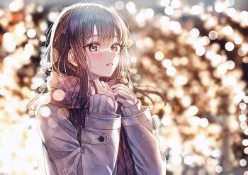 1girl blurry blurry_background blush brown_hair coat commentary depth_of_field grey_coat hands_up highres long_hair long_sleeves original outdoors parted_lips plaid_clothes plaid_scarf red_eyes red_scarf sakura_(39ra) scarf solo upper_body