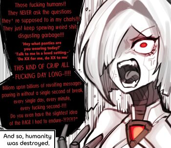 1girl android commentary doll_joints english_commentary humanoid_robot joints oligogi_meoggosipda red_eyes robot robot_girl robot_joints white_hair