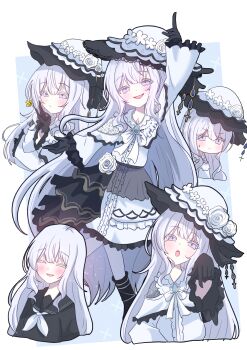 1girl alternate_costume black_gloves black_serafuku black_shoes commentary_request cross_ornament dress flower frilled_dress frilled_sleeves frills giorgio_(yo_sumire_sola1) gloves hat hat_flower highres long_hair looking_at_viewer mahou_shoujo_no_majo_saiban multiple_views pointing pointing_down pointing_up pout red_pupils rose school_uniform serafuku shoes simple_background smile sparkle spoilers tsukishiro_yuki very_long_hair white_dress white_eyes white_flower white_hair white_hat white_rose