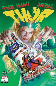 1boy 1girl alex_ross blonde_hair blue_eyes book character_name comic_cover copyright_logo copyright_name dress enchantress_(marvel) eyeshadow green_background green_dress green_nails holding holding_book logo long_hair makeup marvel mjolnir_(marvel) official_art realistic red_eyeshadow red_lips superhero_costume tearing_paper thor_(marvel) thor_(marvel)_(series)