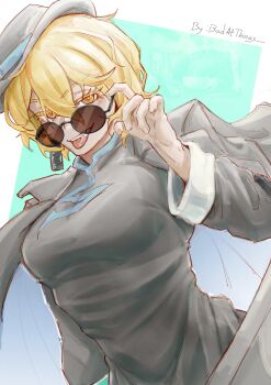 Rule 34 | 1girl, absurdres, artist name, badatthings, black hat, blonde hair, blue trim, china dress, chinese clothes, chinese commentary, cinq association east uniform, colored eyelashes, commentary, commentary request, don quixote (project moon), dress, english commentary, eyelashes, hat, highres, limbus company, mixed-language commentary, project moon, round eyewear, short hair, solo, standing, sunglasses, tongue, tongue out, twitter username, yellow eyes, yellow pupils