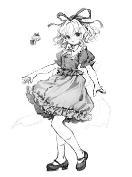 2girls 80isiiii absurdres blush chinese_commentary collared_shirt commentary_request frilled_shirt_collar frilled_skirt frills full_body greyscale hair_between_eyes hair_ribbon highres medicine_melancholy monochrome multiple_girls open_mouth ribbon shirt shoes short_hair short_sleeves simple_background skirt smile socks su-san touhou white_background