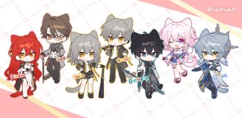 3girls 4boys animal_ears baseball_bat black_gloves black_hair black_jacket black_pants black_skirt blue_eyes blue_skirt brown_eyes brown_hair caelus_(honkai:_star_rail) cane character_name chibi chibi_only coat commentary cup dan_heng_(honkai:_star_rail) dan_heng_(hunt)_(honkai:_star_rail) dress dual_persona full_body glasses gloves green_eyes grey_coat grey_hair grid_background hair_ornament halo halo_behind_head highres himeko_(honkai:_star_rail) holding holding_baseball_bat holding_cane holding_cup holding_polearm holding_weapon honkai:_star_rail honkai_(series) jacket jacket_on_shoulders kemonomimi_mode long_hair long_sleeves looking_at_viewer march_7th_(honkai:_star_rail) march_7th_(preservation)_(honkai:_star_rail) medium_hair multicolored_eyes multiple_boys multiple_girls one_eye_closed pants pink_eyes pink_hair polearm red_hair shirt short_hair skirt spear spiked_halo ss0nya31 stelle_(honkai:_star_rail) sunday_(honkai:_star_rail) symbol-only_commentary tail teacup trailblazer_(honkai:_star_rail) twitter_username two-tone_eyes weapon welt_yang white_dress white_shirt yellow_eyes