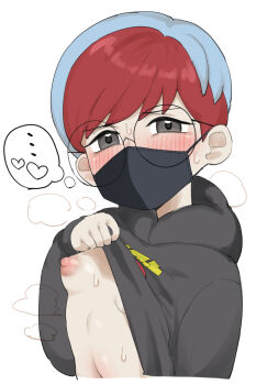 ... 1girl ax_g90 black_hoodie black_mask blue_hair blush breasts clothes_lift cropped_arms cropped_torso female_focus flashing furrowed_brow glasses grey_eyes hand_up heart hood hood_down hoodie lifting_own_clothes long_sleeves looking_at_viewer mask mouth_mask multicolored_hair navel nintendo oppai_challenge pale_skin penny_(pokemon) pokemon pokemon_sv puffy_nipples red_hair round_eyewear shirt_lift short_hair small_breasts solo speech_bubble spoken_ellipsis spoken_heart steam surgical_mask sweat thought_bubble two-tone_hair upper_body white_background