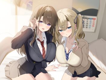 Rule 34 | 2girls, :o, absurdres, arm support, arm up, bed, bed sheet, black jacket, black skirt, blazer, blonde hair, blue necktie, blurry, blurry background, blush, bra, bra peek, breasts, brown cardigan, brown hair, calendar (object), cardigan, cleavage, collarbone, collared shirt, diagonal-striped clothes, diagonal-striped necktie, hair ornament, hair ribbon, hairclip, highres, indoors, jacket, large breasts, large variant set, long sleeves, looking at viewer, multiple girls, necktie, on bed, open mouth, original, pillow, pink bra, piyopoyo, pleated skirt, poster (object), red necktie, ribbon, school uniform, shirt, sidelocks, sitting, skirt, striped clothes, underwear, variant set, white shirt